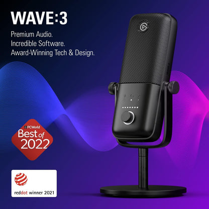 Wave:3 Premium USB Condenser Microphone for Studio-Quality Streaming, Podcasting, Gaming & Home Office - Includes Free Mixer Software & Sound Effects, Easy Plug 'N Play for Mac & PC