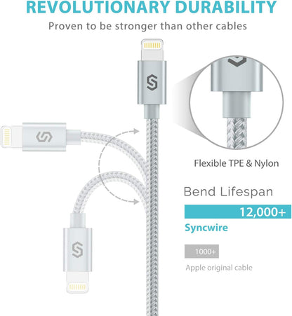 Apple MFI Certified 6Ft Nylon-Braided Lightning Charger Cable - Fast Sync & Charging for iPhone, iPad, iPod & More - Silver