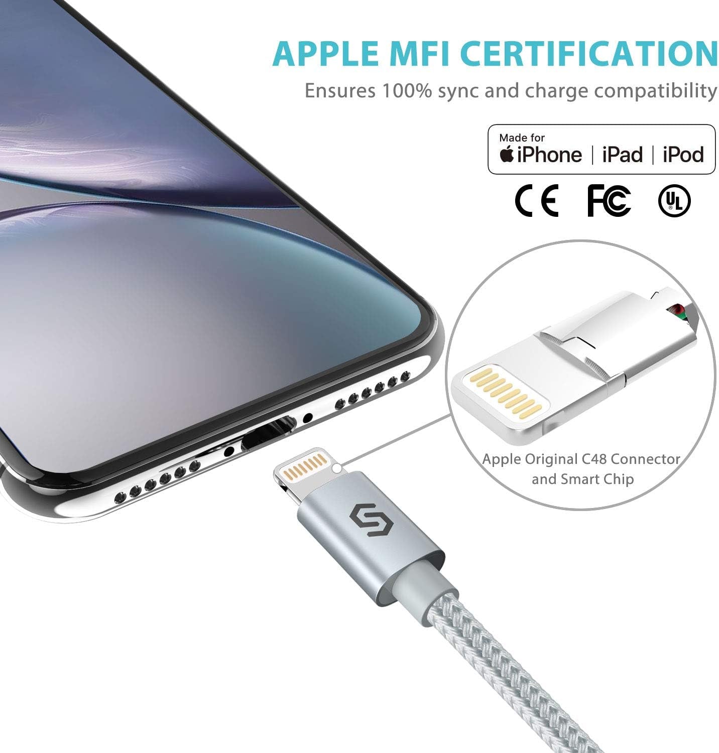 Apple MFI Certified 6Ft Nylon-Braided Lightning Charger Cable - Fast Sync & Charging for iPhone, iPad, iPod & More - Silver