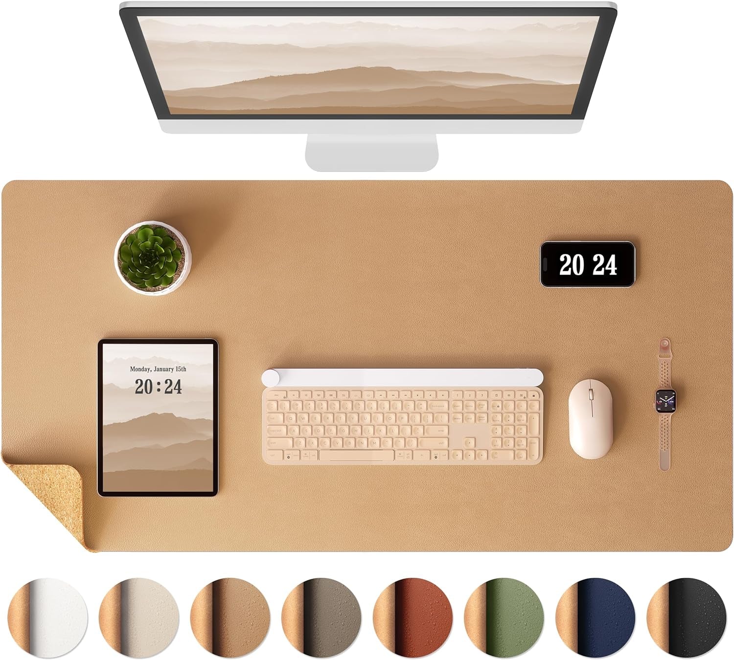 Premium Dual-Sided Leather and Cork Desk Pad - Large Waterproof Blotter & Writing Mat for Office & Home in Stylish Apricot (25.6" x 13.7")