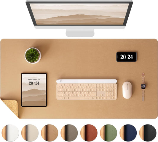 Premium Dual-Sided Leather and Cork Desk Pad - Large Waterproof Blotter & Writing Mat for Office & Home in Stylish Apricot (25.6" x 13.7")
