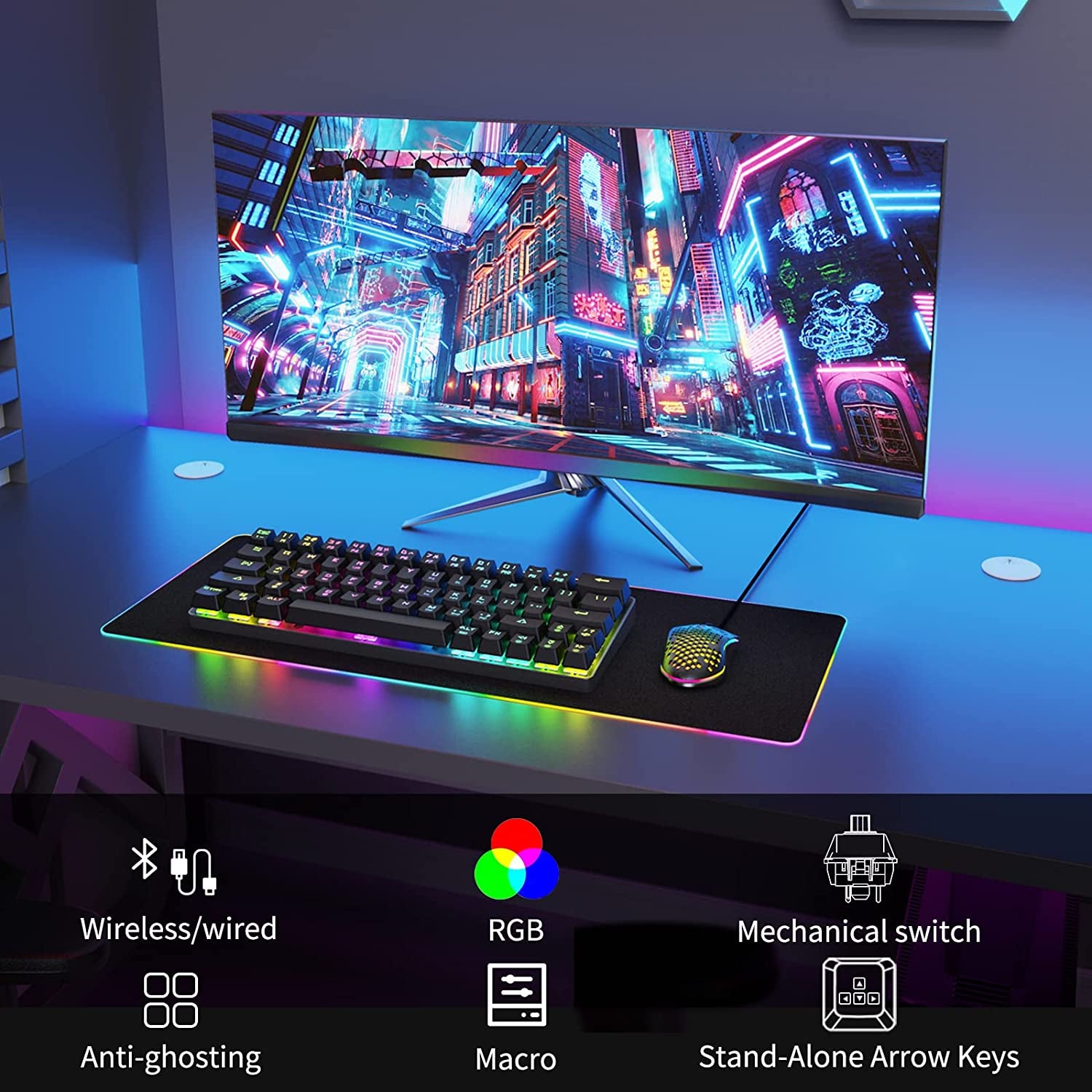 DK63 Wireless 60% RGB Mechanical Gaming Keyboard - Compact Design, Bluetooth Connectivity, Fully Programmable Red Switches