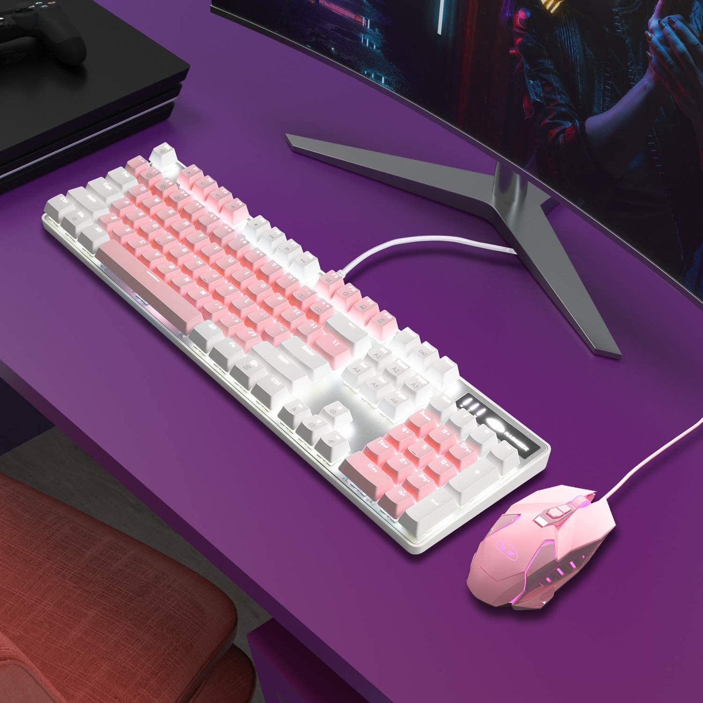 Stylish Pink & White Mechanical Gaming Keyboard with Enhanced Blue Switches - 104-Key USB Wired Design for Ultimate Gaming Experience on PC and Laptop!