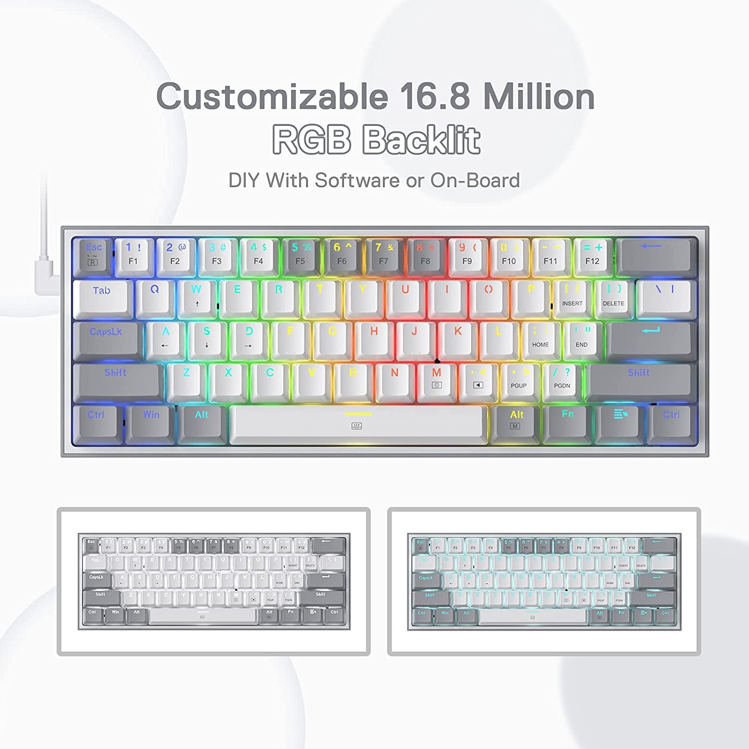 K617 Fizz 60% Wired RGB Mechanical Gaming Keyboard - 61 Keys Hot-Swap Compact Design with White and Grey Keycaps, Linear Red Switches, and Professional Driver/Software Support
