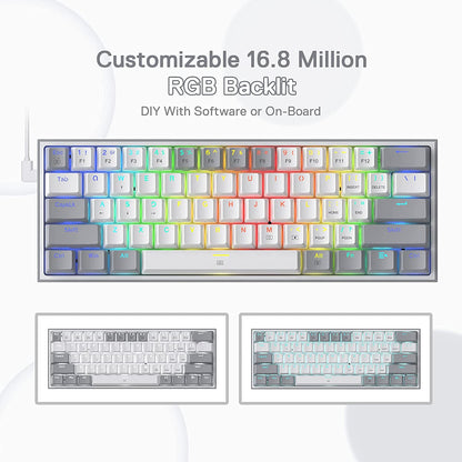 K617 Fizz 60% Wired RGB Mechanical Gaming Keyboard - 61 Keys Hot-Swap Compact Design with White and Grey Keycaps, Linear Red Switches, and Professional Driver/Software Support