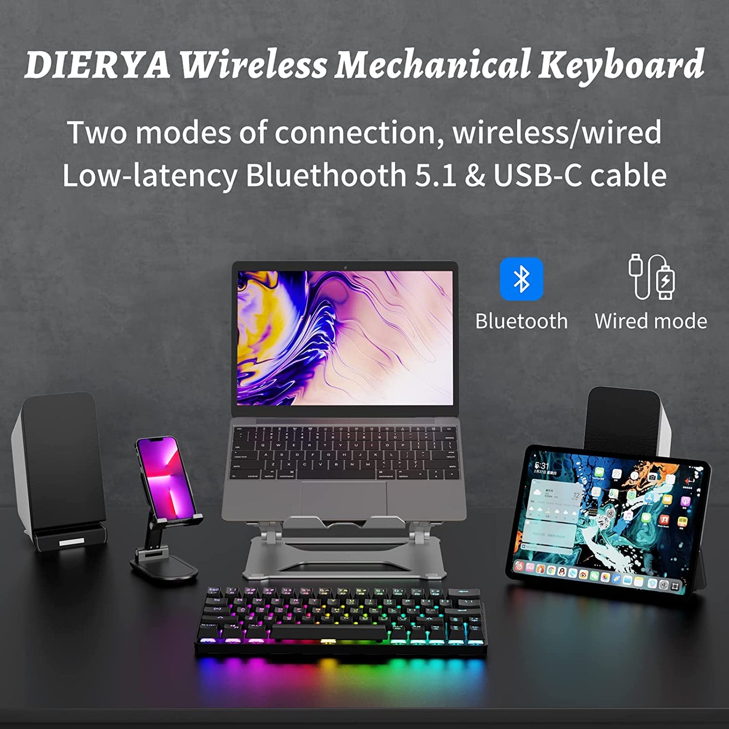 DK63 Wireless 60% RGB Mechanical Gaming Keyboard - Compact Design, Bluetooth Connectivity, Fully Programmable Red Switches