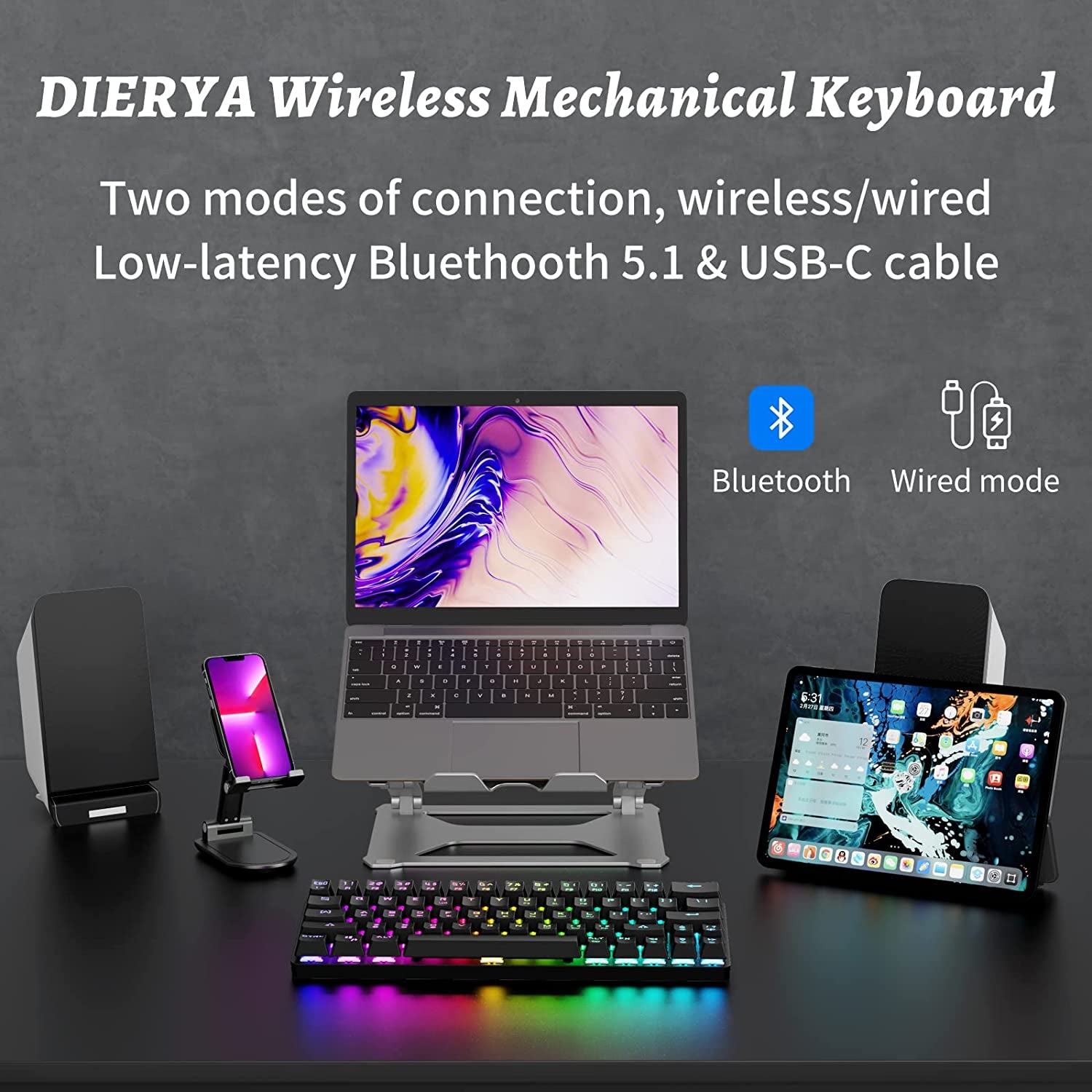 DK63 Wireless 60% RGB Mechanical Gaming Keyboard - Compact Design, Bluetooth Connectivity, Fully Programmable Red Switches