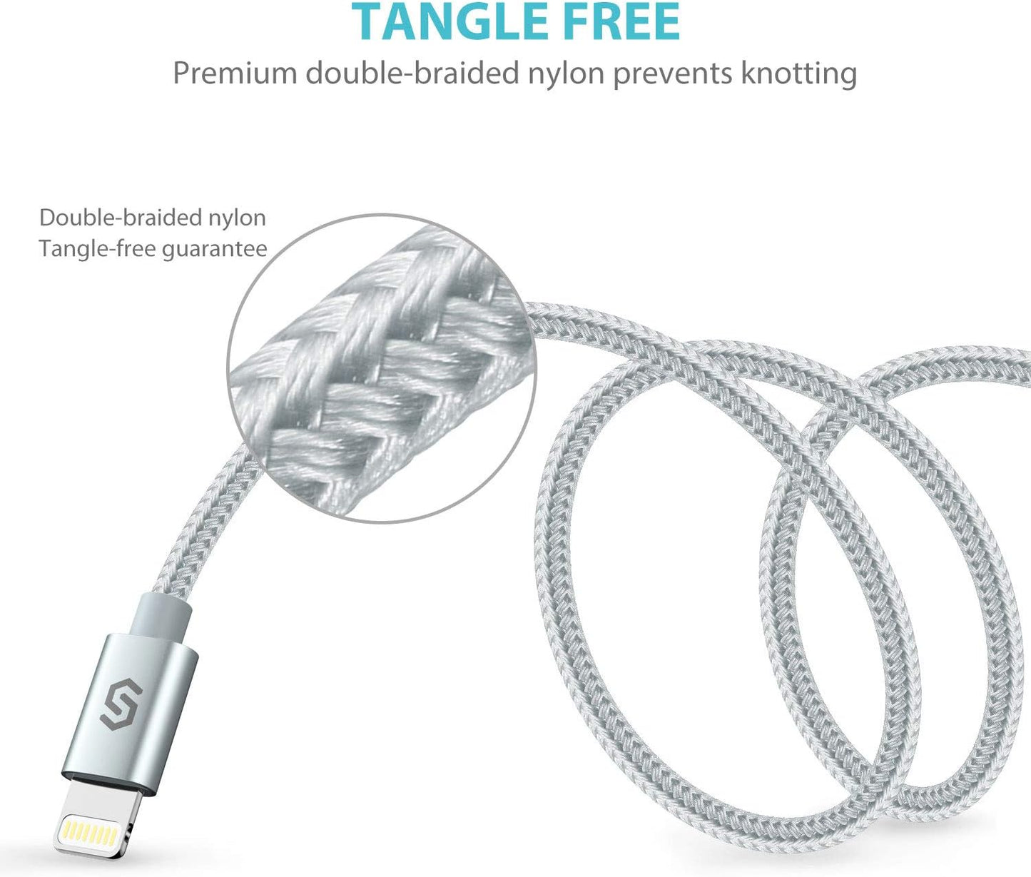 Apple MFI Certified 6Ft Nylon-Braided Lightning Charger Cable - Fast Sync & Charging for iPhone, iPad, iPod & More - Silver