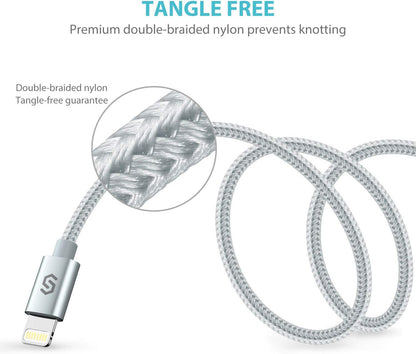 Apple MFI Certified 6Ft Nylon-Braided Lightning Charger Cable - Fast Sync & Charging for iPhone, iPad, iPod & More - Silver
