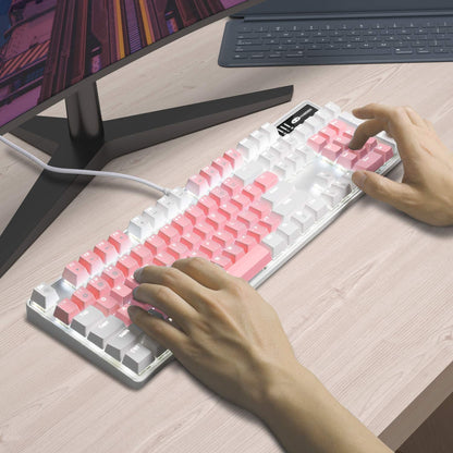Stylish Pink & White Mechanical Gaming Keyboard with Enhanced Blue Switches - 104-Key USB Wired Design for Ultimate Gaming Experience on PC and Laptop!