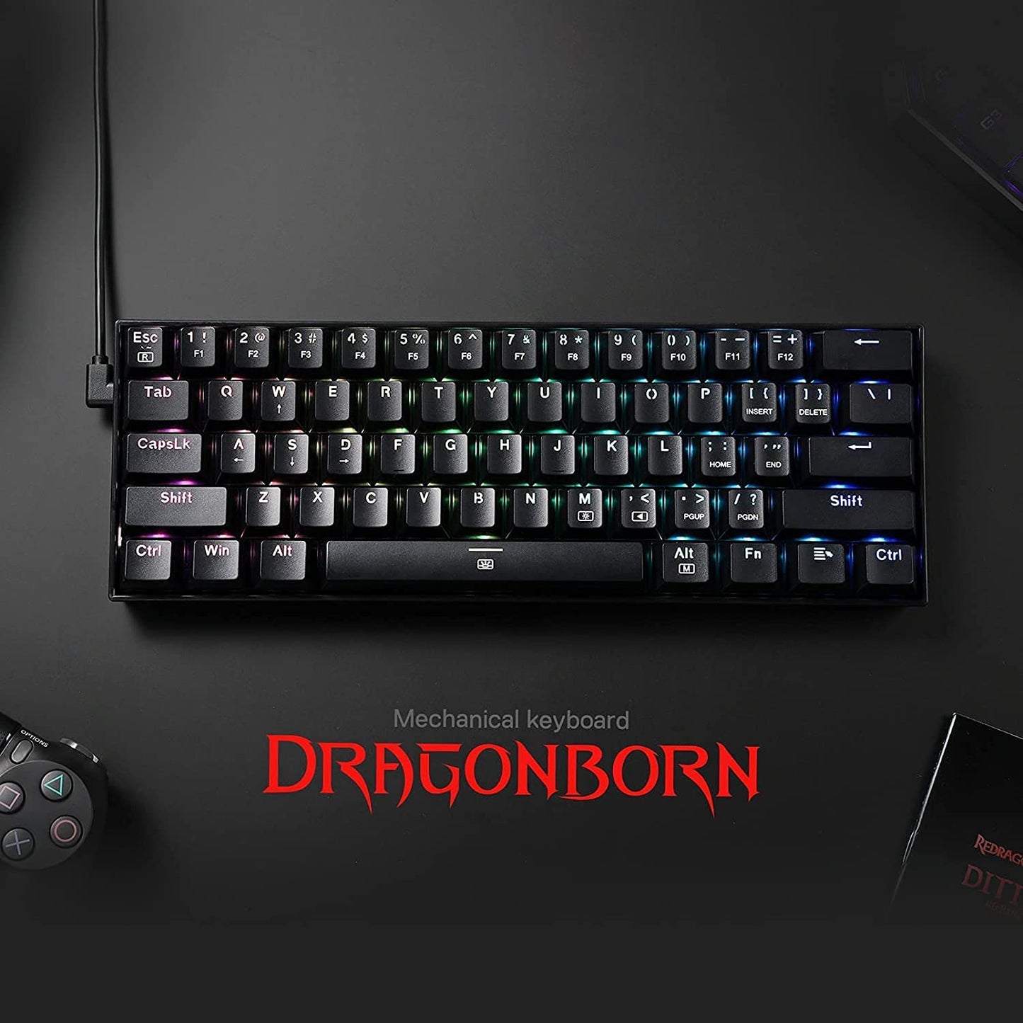 K630 Dragonborn 60% Compact Mechanical Gaming Keyboard with RGB Lighting, 61 Keys, Tactile Brown Switches, and Professional Driver Support - Black