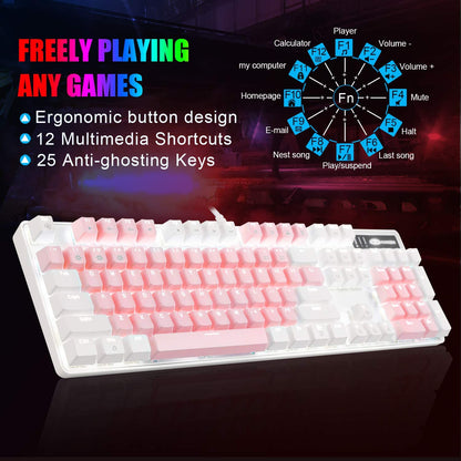 Stylish Pink & White Mechanical Gaming Keyboard with Enhanced Blue Switches - 104-Key USB Wired Design for Ultimate Gaming Experience on PC and Laptop!