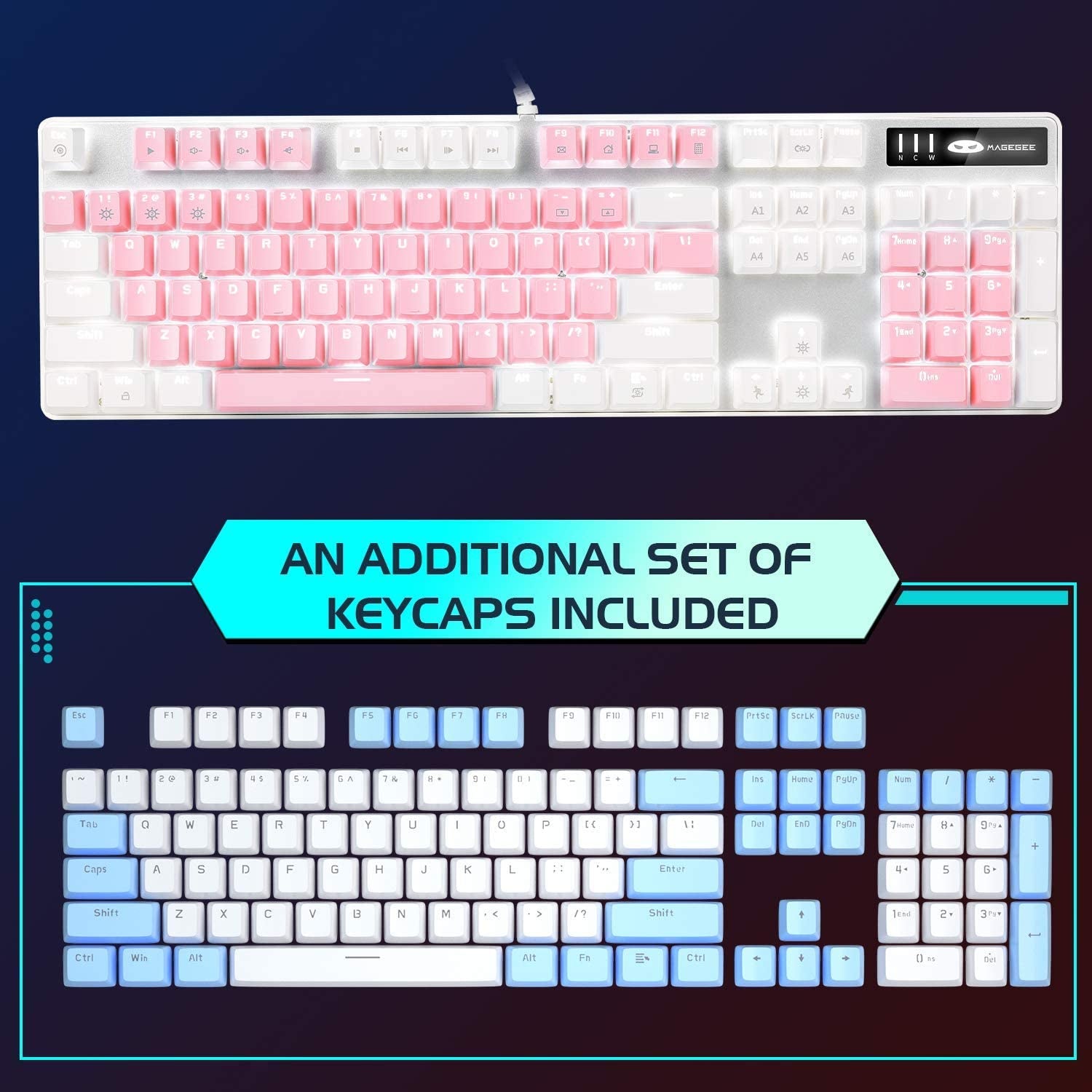 Stylish Pink & White Mechanical Gaming Keyboard with Enhanced Blue Switches - 104-Key USB Wired Design for Ultimate Gaming Experience on PC and Laptop!