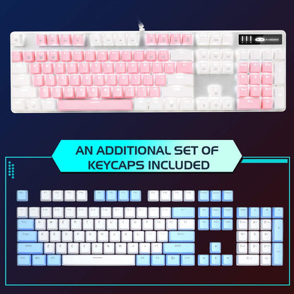 Stylish Pink & White Mechanical Gaming Keyboard with Enhanced Blue Switches - 104-Key USB Wired Design for Ultimate Gaming Experience on PC and Laptop!