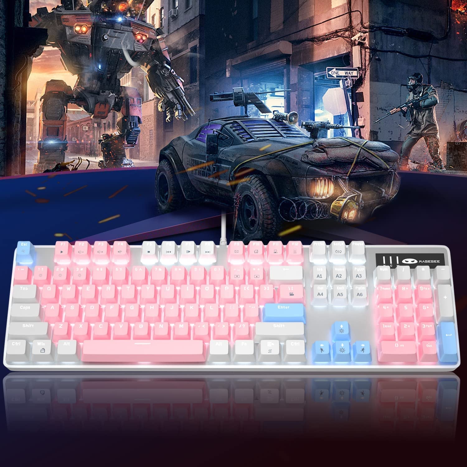 Stylish Pink & White Mechanical Gaming Keyboard with Enhanced Blue Switches - 104-Key USB Wired Design for Ultimate Gaming Experience on PC and Laptop!