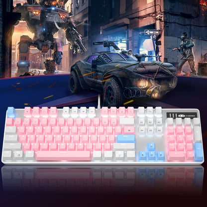 Stylish Pink & White Mechanical Gaming Keyboard with Enhanced Blue Switches - 104-Key USB Wired Design for Ultimate Gaming Experience on PC and Laptop!