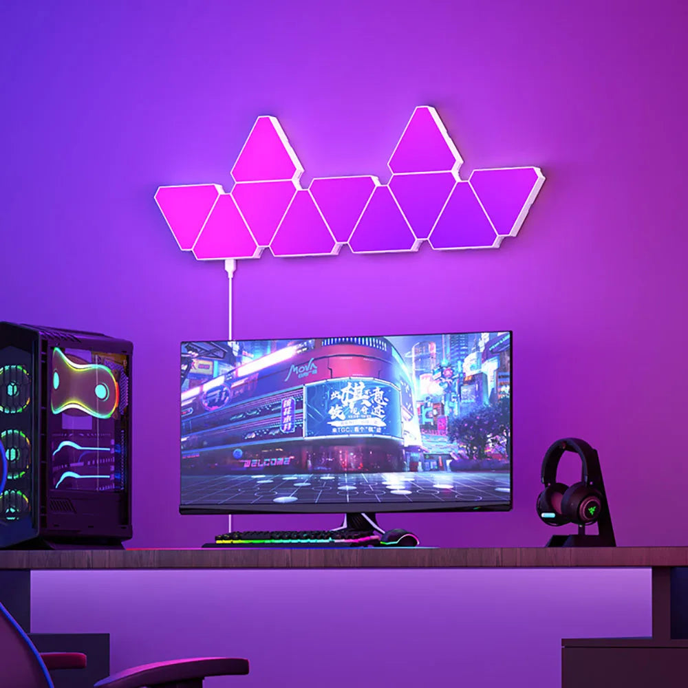 Transform Your Space with the LED Triangular Quantum RGB Wall Lamp – Smart Rhythmic Background Light for Bedroom, Nightstand & Office Decor
