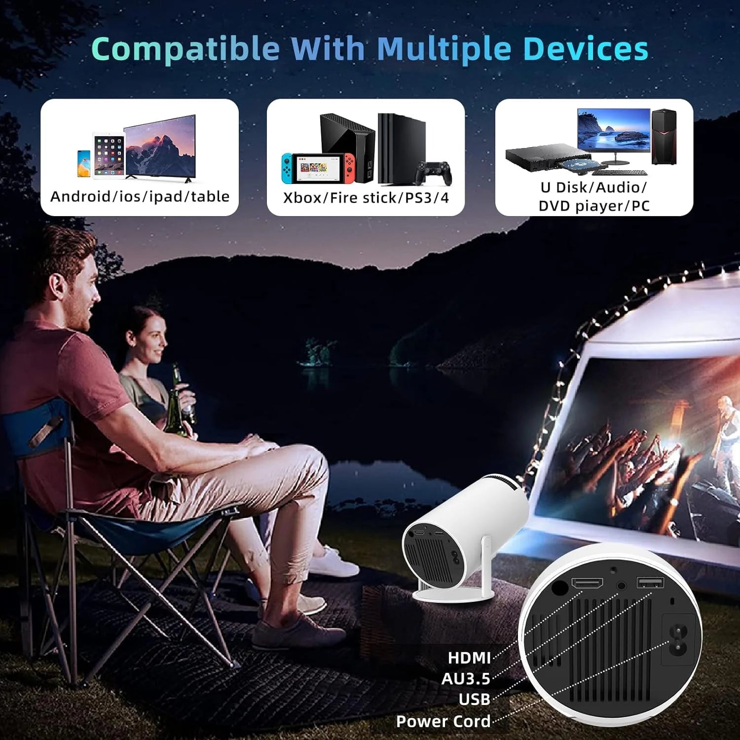 Compact 4K Outdoor Projector with WiFi and Bluetooth Connectivity