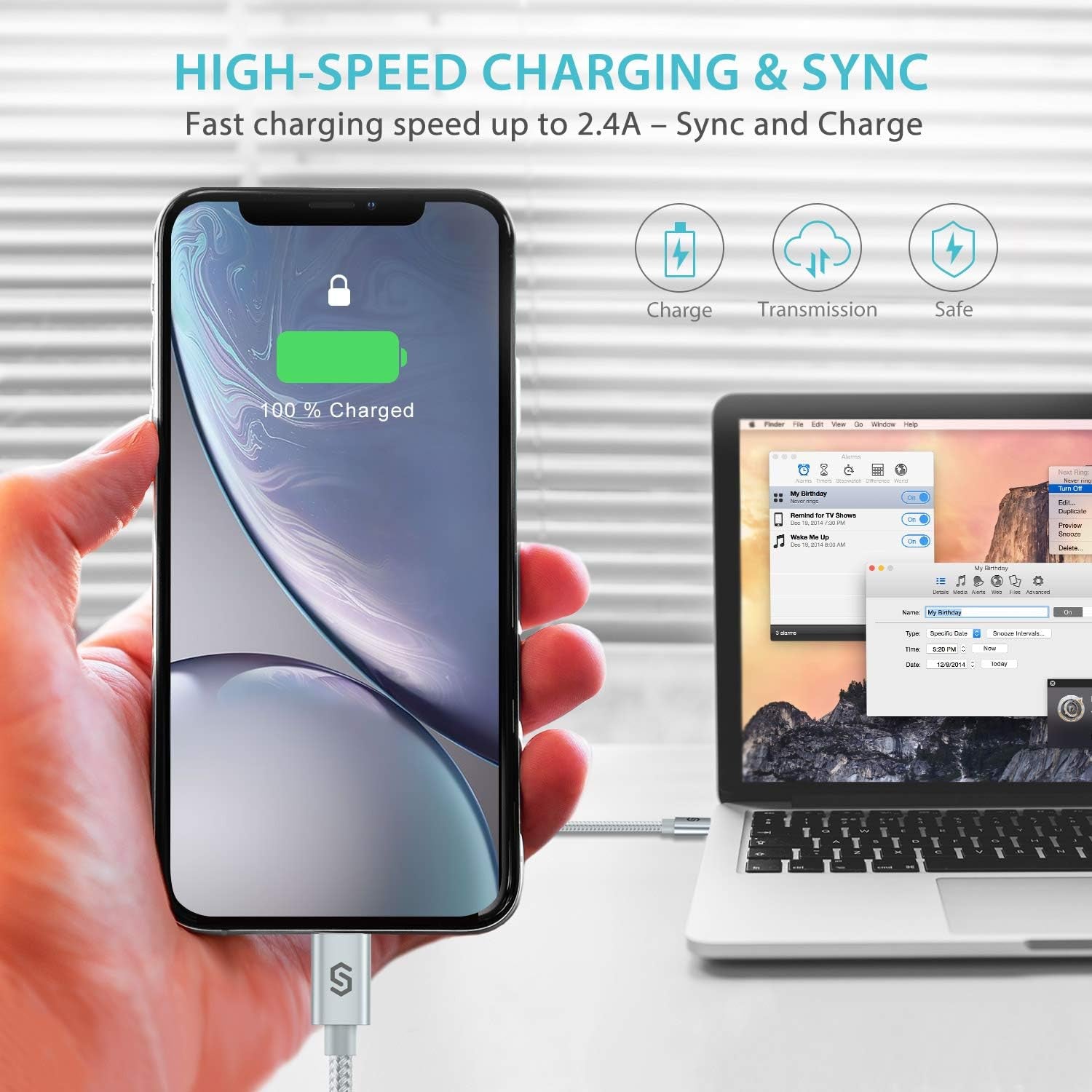 Apple MFI Certified 6Ft Nylon-Braided Lightning Charger Cable - Fast Sync & Charging for iPhone, iPad, iPod & More - Silver