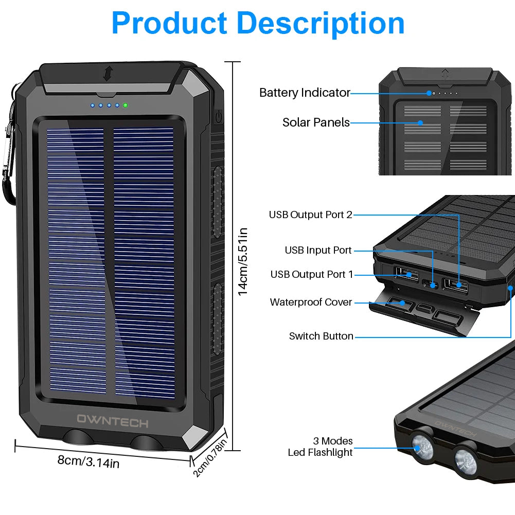 High-Capacity 20000mAh Solar Power Bank - Dual USB Ports & LED Flashlights for Phones & Android Devices