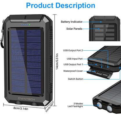 High-Capacity 20000mAh Solar Power Bank - Dual USB Ports & LED Flashlights for Phones & Android Devices