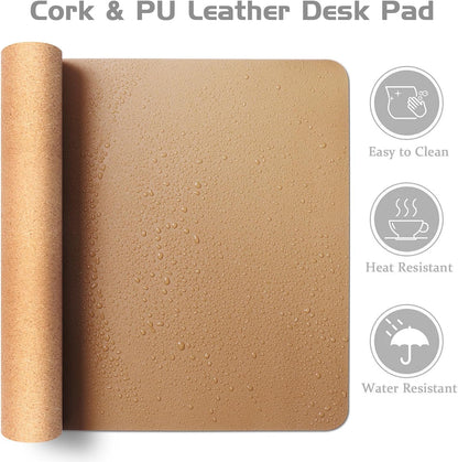 Premium Dual-Sided Leather and Cork Desk Pad - Large Waterproof Blotter & Writing Mat for Office & Home in Stylish Apricot (25.6" x 13.7")