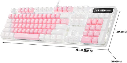Stylish Pink & White Mechanical Gaming Keyboard with Enhanced Blue Switches - 104-Key USB Wired Design for Ultimate Gaming Experience on PC and Laptop!