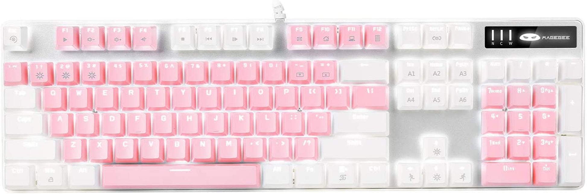 Stylish Pink & White Mechanical Gaming Keyboard with Enhanced Blue Switches - 104-Key USB Wired Design for Ultimate Gaming Experience on PC and Laptop!